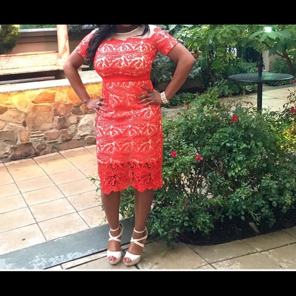 JAX Zinnia illusion lace sheath dress—red - Picture 2 of 6